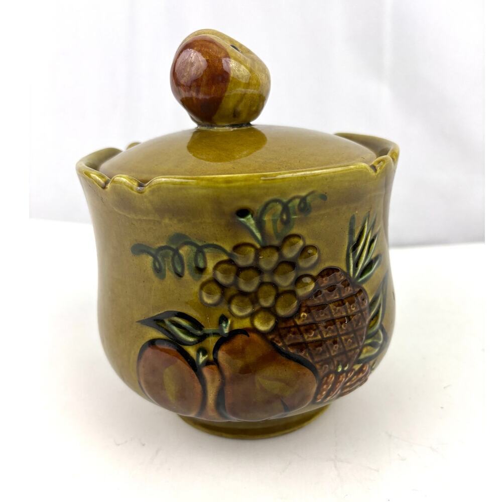 California Pottery Cookie Jar 2004 Mustard Yellow Embossed Fruit VTG Kitchen‎